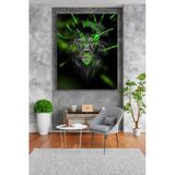 Dikey Kanvas Tablo Tekli Ev Kafe Ofis Siyah Fon Neon Yeşili Sıçrama Soyut Aslan Portre 2778