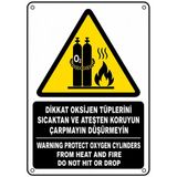 DİKKAT OKSİJEN TÜPLERİNİ SICAKTAN VE ATEŞTEN KORUYUN ÇARPMAYIN DÜŞÜRMEYİN 50X70CM PVC ISG LEVHA