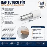 Diko Plastik Başlı Mobilya Cam Tutucusu Bağlantı Dolap Pimi Beyaz Raf Pimi Metal (100 Adet)