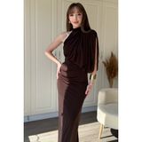 Dilay Gökoğlu Butik Dilay Gökoğlu Zarif Tek Omuz Boyunlu Maxi Elbise Trend Stil Özel Gün İçin Dökümlü Kahverengi