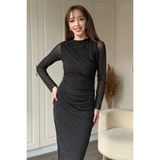 Dilay Gökoğlu Butik Drapeli Uzun Kol Taşlı Siyah Midi Tül Elbise - XL