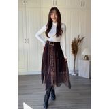 Dilay Gökoğlu Butik Karışık Desenli Beli Lastikli Asimetrik Midi Etek