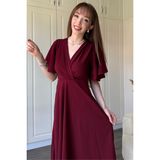 Dilay Gökoğlu Butik Kruvaze Yaka Kolları Volanlı Midi Bordo Elbise