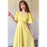 Dilay Gökoğlu Butik Kruvaze Yaka Kolları Volanlı Midi Sarı Elbise