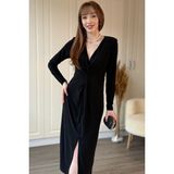 Dilay Gökoğlu Butik Önü Düğümlü V Yaka Midi Yırtmaçlı Elbise - XL - Siyah