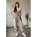 Dilay Gökoğlu Butik Straplez Lastikli Poplin Bej Tulum