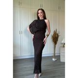 Dilay Gökoğlu Butik Tek Omuz Halter Yaka Dökümlü Zarif Simli Maxi Tül Elbise - Altın - XL