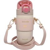 Diller 360ML Moda Deri Kılıflı Pipetli Askılı Pastel Renkli Paslanmaz Çelik Termos Matara (Pembe) - 0 Siyah - Option-1
