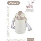 DILLER 420 ML Pipetli/Pipetsiz Tek Kapak Çift Kullanım Askılı Çelik Termos Su Matarası 6 saat sıcak/soğuk Beyaz