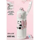 Dıller 480 Ml Tek Kapak Çift Kullanım Pipetli/pipetsiz Taşıma El Askılı Vacum Cup/çelik Termos -ffd9317-480 Beyaz
