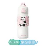 DILLER 480ml Sevimli Hayvanlar Pipetli/Pipetsiz Paslanmaz Çelik Termos, Pembe Panda