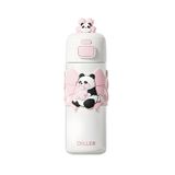 Diller 480ml Sevimli Hayvanlar Süslü Pipetli/Pipetsiz El Askılı Paslanmaz Çelik Termos (Pembe Panda)