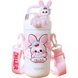 Diller 490ML Yeni Koleksiyon Sevimli Hayvanlar Süslü Pipetli/pipetsiz Boyun Askılı Paslanmaz Çelik Termos - Pembe - 490 ml