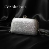 Dilora Kadın Dokulu Abiye Çanta Clutch Portföy Zincir Askılı Kristal Taş Kilitli Düğün Nişan Gece Davet Çantası - Gümüş