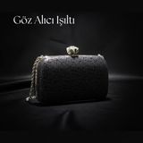 Dilora Kadın Dokulu Abiye Çanta Clutch Portföy Zincir Askılı Kristal Taş Kilitli Düğün Nişan Gece Davet Çantası - Siyah