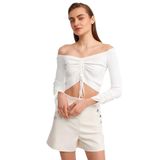 Dilvin 10192 Ekru Omzu Açık Büzgülü Bağcıklı Kadın Kazak