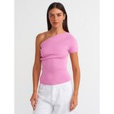 Dilvin 10597 Asimetrik Drapeli Triko Bluz-Pembe - Standart
