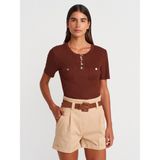 Dilvin 10733 Bisiklet Yaka Cepli Düğmeli Triko Bluz-Kahve - Standart