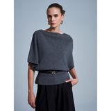 Dilvin 10838 Yün Karışımlı Kemerli Kayık Yaka Kazak-Füme M. - Standart
