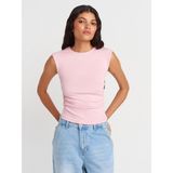 Dilvin 21054 Büzgülü Basic T-Shirt Kadın Kolsuz Günlük Toz Pembe Düz Desenli %94 Pamuk - 38