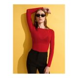 Dilvin 32122 Kayık Yaka Kaşmir Karışımlı Ultra Hafif Modal Bluz-Kırmızı
