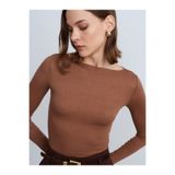 Dilvin 32122 Kayık Yaka Kaşmir Karışımlı Ultra Hafif Modal Bluz-Koyu Vizon