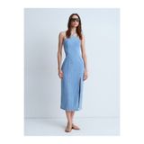Dilvin 90580 Boyundan Bağlamalı Midi Denim Elbise-Mavi