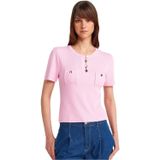 Dilvin Bisiklet Yaka Cepli Düğmeli Triko Bluz, Standart, 101A10733, Pembe, Kadın