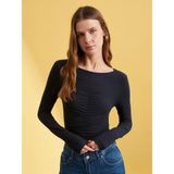 DILVIN Büzgülü Kayık Yaka Crop Top Kadın Uzun Kollu Lyocell Karışımlı Esnek Bluz