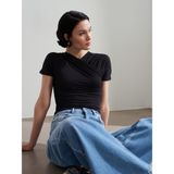 DILVIN Drapeli Crop Top Kadın V Yaka Kısa Kollu Modal Kumaş Yazlık Bluz