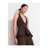 Dilvin Halter Yaka Metal Detaylı Peplum Triko Bluz, Standart, 101A10787, Kahve, Kadın