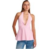 Dilvin Halter Yaka Metal Detaylı Peplum Triko Bluz, Standart, 101A10787, Pembe, Kadın