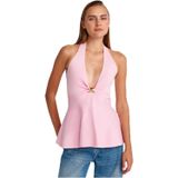 DILVIN Halter Yaka Peplum Triko Bluz Kadın Yazlık Kolsuz Açık Sırt Elastik Örme