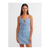 Dilvin Kadın Askılı Verev Kesim Mini Denim Elbise, Mavi, 36 Beden