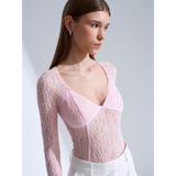 DILVIN Kadın Dantel Şerit Detaylı Crop Top Derin V Yaka Uzun Kollu Bluz Açık Pembe 38 Beden