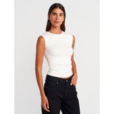 DILVIN Kadın Kolsuz Crop T-Shirt Bisiklet Yaka Yan Büzgü Detaylı Fitted Pamuklu Ribana Günlük Basic Tişört