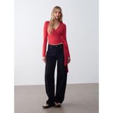 DILVIN Kadın Uzun Kollu Kruvaze Crop Top V Yaka Bağlamalı Vücuda Oturan Örme Bluz