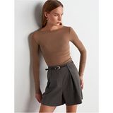 Dilvin Kayık Yaka Modal Kaşmir Ultra Hafif Slim Fit Bluz Kahverengi - 40