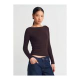 DILVIN Kayık Yaka Uzun Kollu Crop Top Kadın Ribana Kumaş Fitted Günlük Bluz
