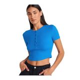 Dilvin Mavi Düğme Detaylı Crop Top Bluz, 36, 101A31647, Saks, Kadın