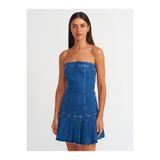 Dilvin Pileli Straplez Denim Elbise, 36, 101A90542, Mavi, Kadın