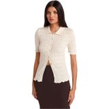 Dilvin Polo Yaka Büzgülü Düğmeli İnce Triko Hırka, Standart, 101A60971, Ekru, Kadın