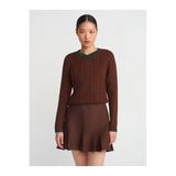 Dilvin V Yaka Çizgili Saç Örgü Triko Kazak, Standart, 101A10687, Kahve-Yeşil, Kadın
