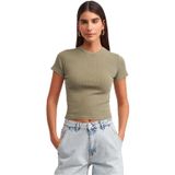Dilvin Yıkama Efektli Pamuklu T-shirt, 36, 101A30457, Haki, Kadın