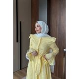 Dimor Sarı Omuz ve Kol Fırfırlı Fisto Nakışlı Elbise