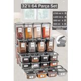 Dina 64 Parça Kare Erzak ve Bakliyat Saklama Kabı Baharat Seti 8X(300ML500ML1100ML1700ML) Etiketli