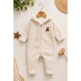 Dinamik çocuk Bebek Kapüşonlu Polar Tulum Içi Welsoft Fermuarlı Tavşan Detaylı Kışlık Unisex 6-9-12-18AYLIK - Krem - 12 - 18 Ay