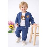 Dinamik çocuk Erkek Bebek Ayıcık Nakışlı 3'lü Takım Denim Kot Görünümlü Fermuarlı Ceket + Badi + Eşofman Altı Mevsimlik Bayramlık 6-9-12-18-24AYLIK - Lacivert - 12 -18 Ay