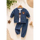 Dinamik çocuk Erkek Bebek Ayıcık Nakışlı 3'lü Takım Denim Kot Görünümlü Fermuarlı Ceket + Badi + Eşofman Altı Mevsimlik Bayramlık 6-9-12-18-24AYLIK - Lacivert - 18 - 24 Ay
