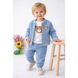 Dinamik çocuk Erkek Bebek Ayıcık Nakışlı 3'lü Takım Denim Kot Görünümlü Fermuarlı Ceket + Badi + Eşofman Altı Mevsimlik Bayramlık 6-9-12-18-24AYLIK - Mavi - 18 - 24 Ay